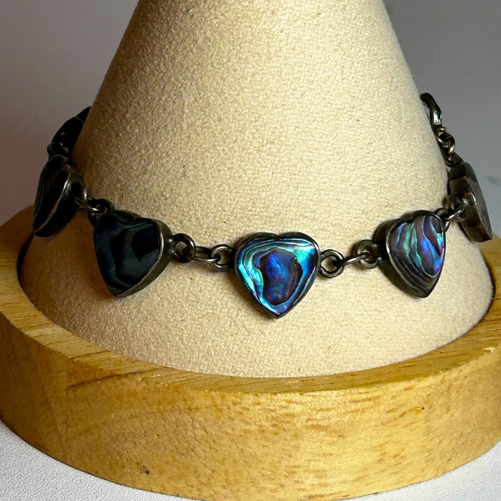 Vintage Sterling Silver 925 Genuine Abalone Shell Hearts Linked Bracelet
